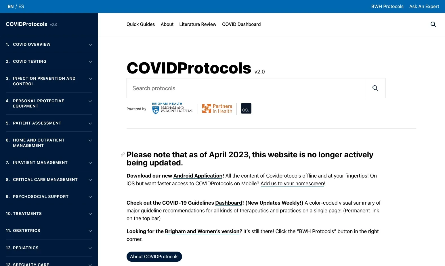 Website screenshot for COVID Protocols
